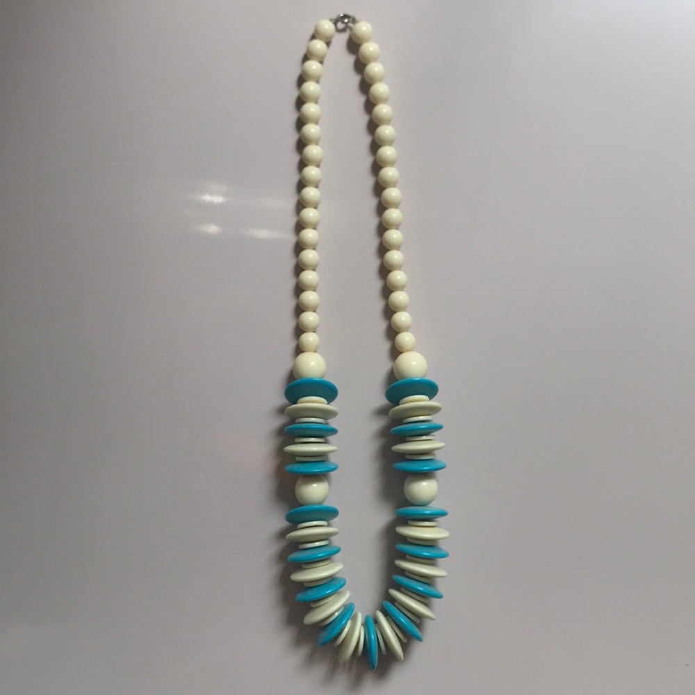 Vintage Creme + Turquoise Plastic Beaded Necklace - Picture 3 of 4
